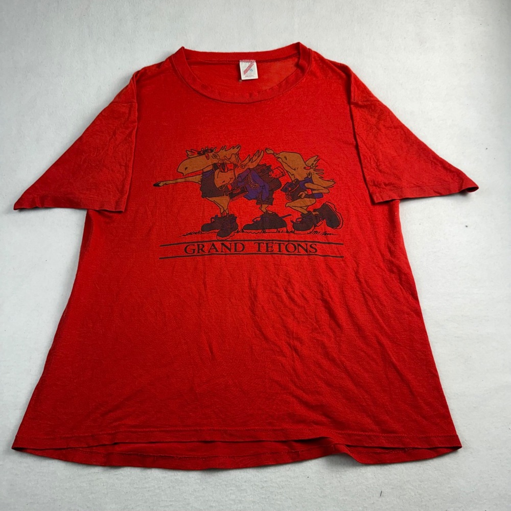 Vintage Jerzees Grand Tetons National Park Hiking‎ Moose Red T-Shirt XL USA Made